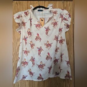 Women's Ruffle Collar And Cap Sleeve V Neck - Cream and Brown